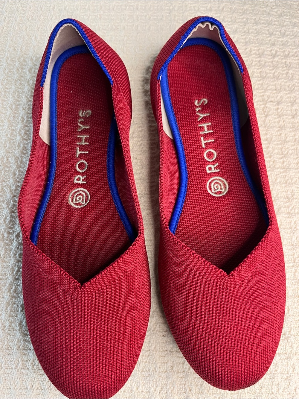 Rothy's women's Slip -On ballet flats in Red with Blue trim Stitching size 8.5